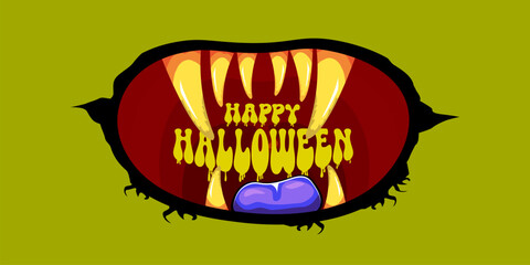 Vector Happy halloween cartoon greeting card with funny zombie monster open mouth with rotten teeth isolated on green background. Vector Halloween poster and flyer with funny orange monster mouth.