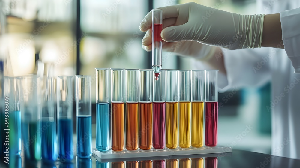 Poster a gloved hand adding liquid to a row of test tubes in a laboratory setting