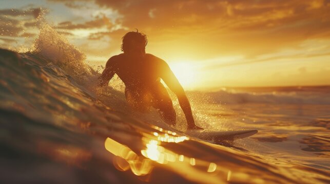 Determined Surfer Riding Waves at Sunrise with Splashing Golden Light and Mustache Visibility - Powered by Adobe