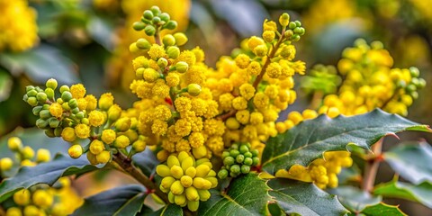 Blooming Mahonia holly with yellow buds in a public park wine flower.
