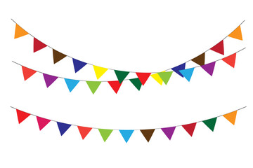 Holiday colorful Party Flags on White Background. Carnival decorations. Holiday background with hanging triangular colorful flags, Vector illustration isolated.
