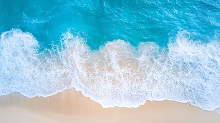 Fototapeta premium Aerial of beach, turquoise water meets sandy shore, crashing waves, natural beauty, high-res.