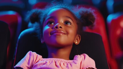 Fototapeta premium Delighted Little Girl Watching Movie in Theater