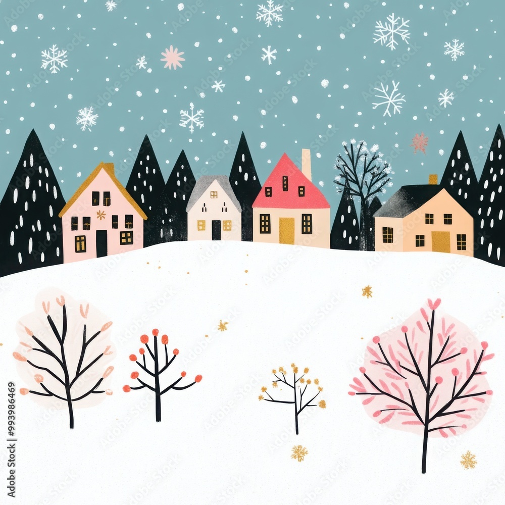 Poster intricate snowflake patterns in a winter landscape