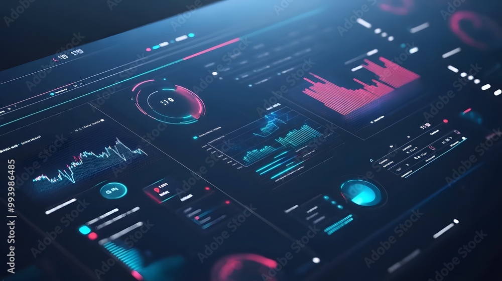 Poster a close-up view of a futuristic user interface with data visualizations