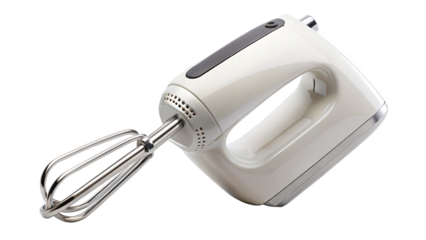 sleek hand mixer on clean white background, perfect for blending and mixing ingredients effortlessly. This essential kitchen tool is designed for convenience and efficiency
