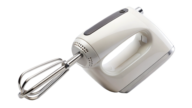 sleek hand mixer on clean white background, perfect for blending and mixing ingredients effortlessly. This essential kitchen tool is designed for convenience and efficiency