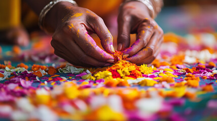 A close-up of hands decorating a Diwali rangoli with colorful powders and flower petals, showcasing intricate patterns and bright colors. Ai generated