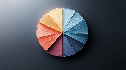 Obraz premium Colorful pie chart representing data visualization, showcasing divided segments in vibrant hues against a dark background.