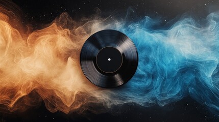 A striking vinyl record surrounded by swirling orange and blue smoke, symbolizing the fusion of music and art.