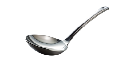 sleek stainless steel soup ladle rests elegantly against clean white background, showcasing its polished surface and smooth curves, perfect for serving delicious soups
