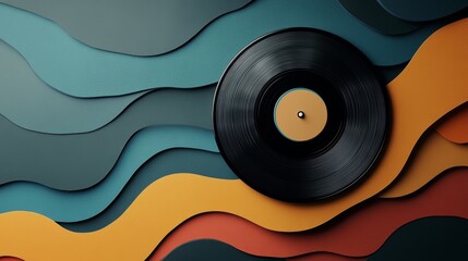 A stylish vinyl record rests on textured waves of colorful paper, blending music nostalgia with modern design aesthetics.