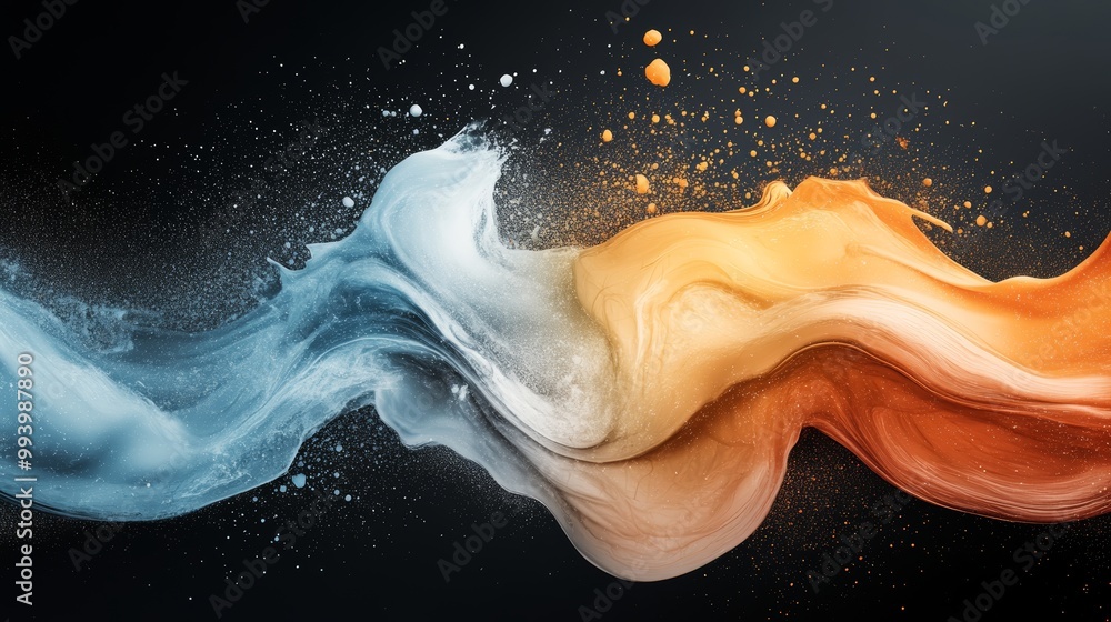 Poster dynamic swirl of blue and orange paint creating a vibrant splash effect on a dark backdrop, perfect 