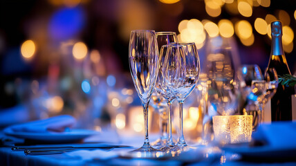 A formal gala featuring gourmet dining, live entertainment, and dancing. Guests dress in elegant attire, and the evening culminates with a champagne toast as the clock strikes midnight. Ai generated