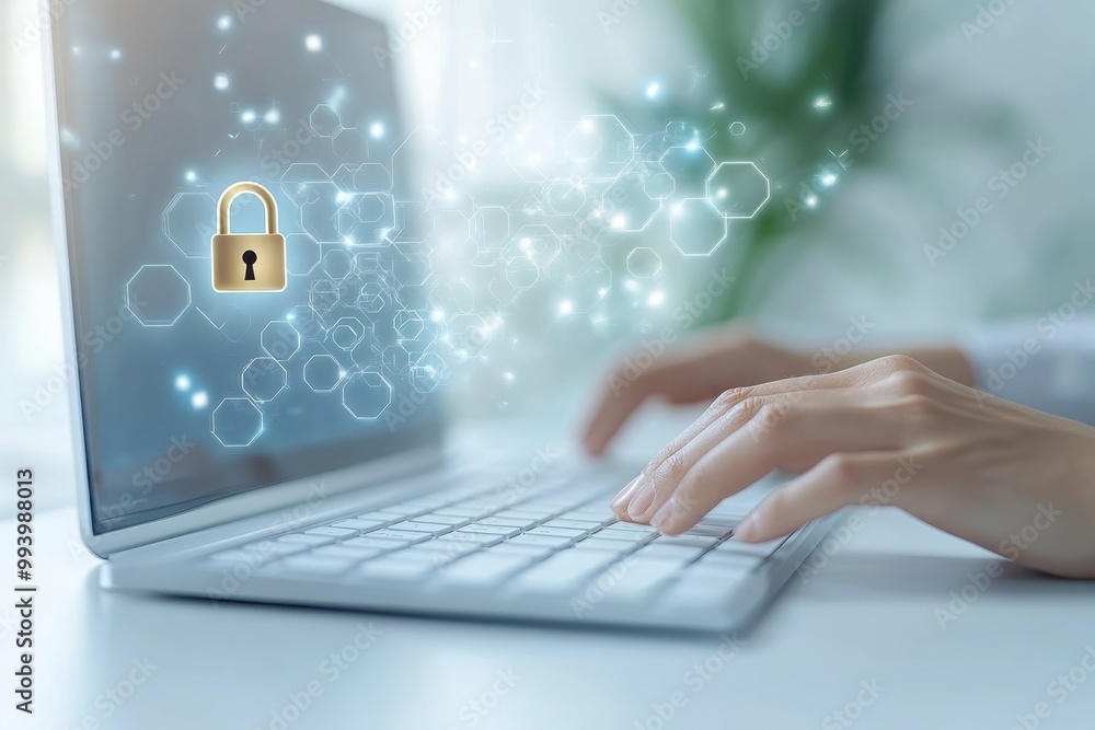 Aufkleber a close-up of a persons hands on a keyboard with a padlock symbol hovering near the screen represent