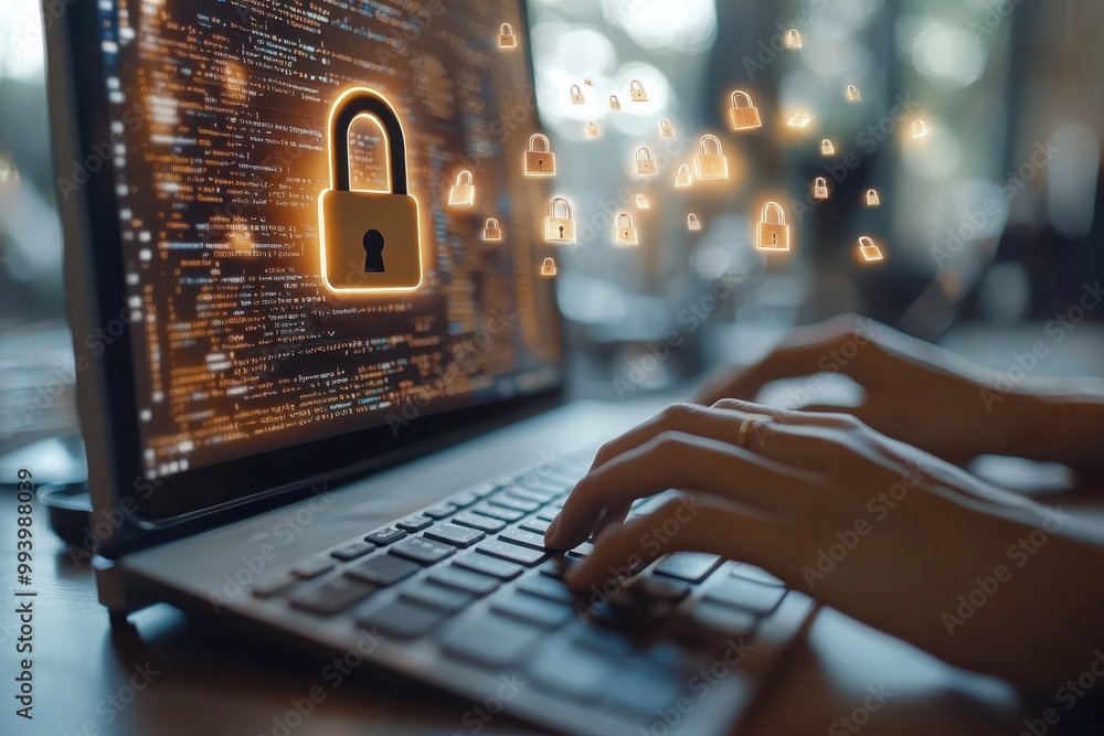 Aufkleber a close-up of a persons hands on a keyboard with a padlock symbol hovering near the screen represent