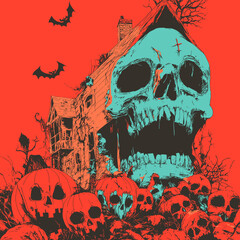 Skull emerging from a haunted mansion with pumpkins and bats in red night