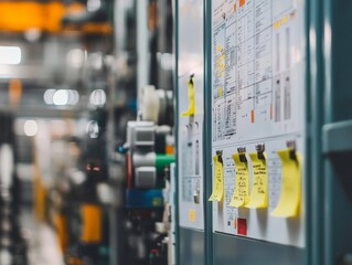 A close-up of a Kaizen board in a factory, filled with notes and ideas for process improvements, emphasizing the role of worker participation in driving continuous improvement