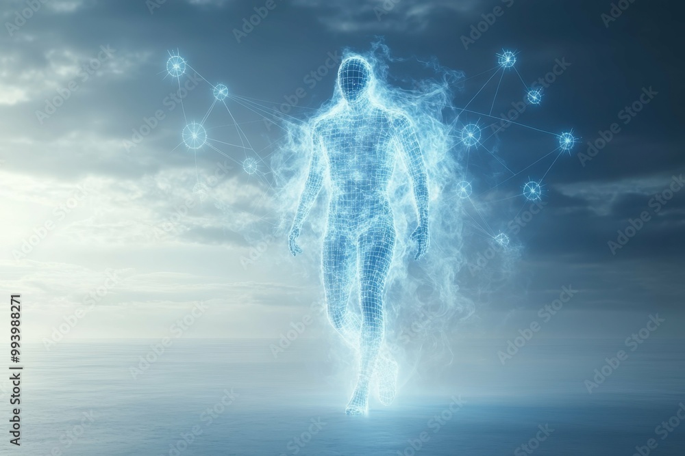 Poster a digital figure with a web of glowing lines surrounding them representing a secure network