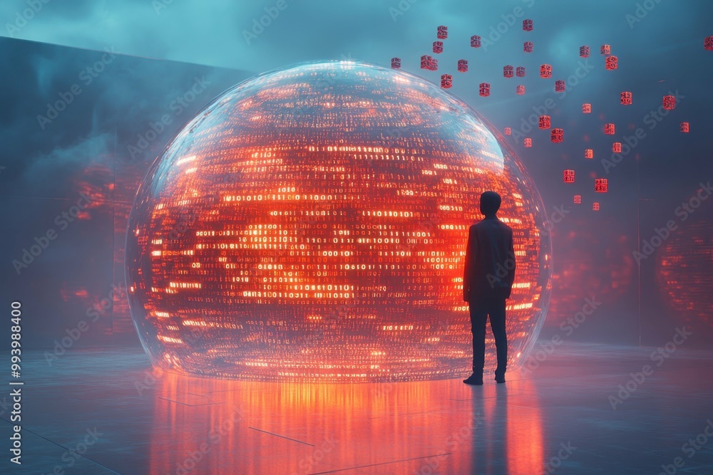 Poster digital data visualization. businessman analyzing futuristic digital globe with data streams in high