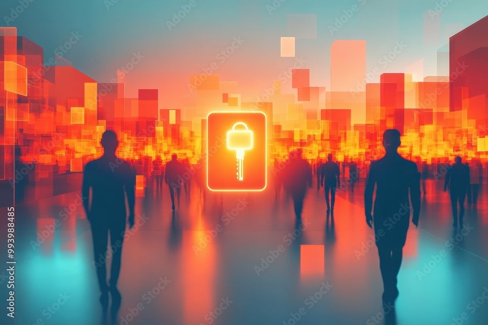 Poster a human figure with a glowing digital key floating in front of them symbolizing access to secure inf