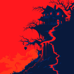 Spooky haunted house on a cliff with glowing windows under red sky