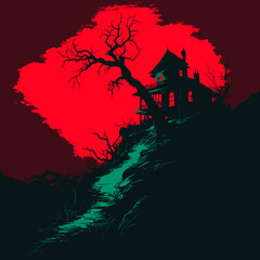 Haunted house with gnarled tree and path under glowing red sky