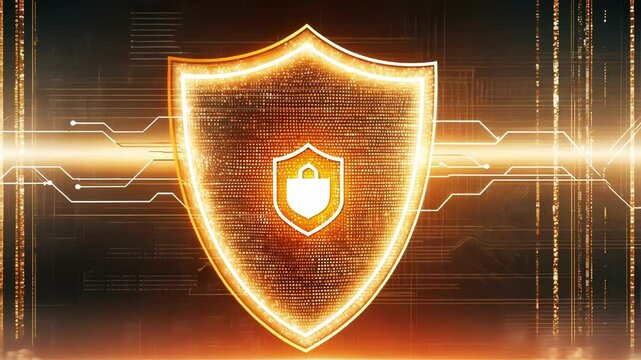 A futuristic shield symbolizes digital security and protection, using vibrant visuals and motion graphics to convey a tech focused theme