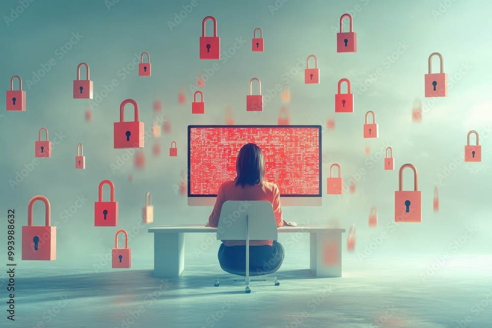 Aufkleber data privacy tools. cybersecurity professional analyzing data protection on computer screen, digital