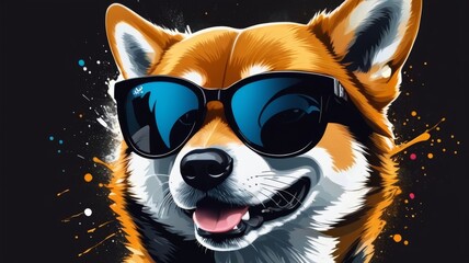 A shiba inu dog with sunglasses, highlighted by a black background, presenting a fun and trendy appearance.