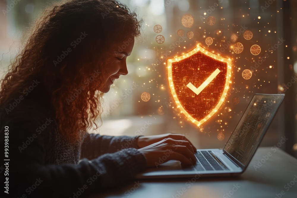 Poster a person working on a laptop with a glowing shield symbol hovering above the screen indicating cyber