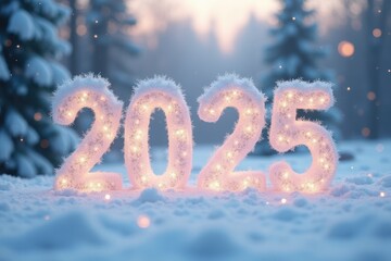 Illuminated numbers 2025 covered in snow during a winter landscape at dawn with trees in the background and soft lighting