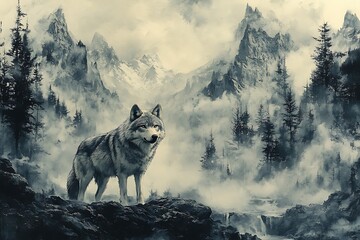 Watercolor painting of a wolf in the mountains on a white background