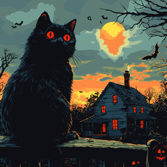 Simple ghost figures outside a red house with bats flying overhead