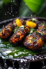 Close-up of Grilled Plantain Slices with Water Droplets on a Banana Leaf.