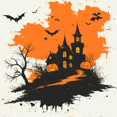 Haunted mansion with jack-o-lanterns and bats flying over orange sky