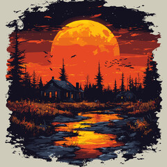 Cabin in the woods with glowing moon and bats flying overhead