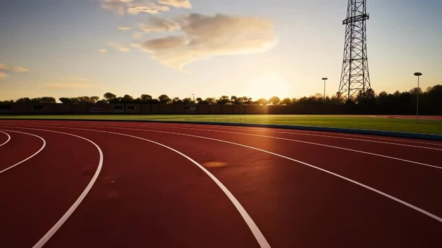 An empty athletic track at sunset, highlighting the serene atmosphere, ideal for training and competition