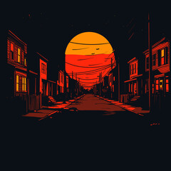 Empty street with glowing orange moon on Halloween night