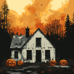 Creepy house with glowing pumpkins under eerie orange sky on Halloween