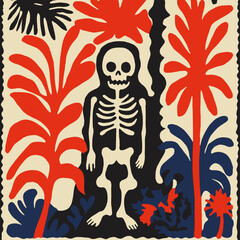 A skeleton figure surrounded by abstract red and blue tropical plants