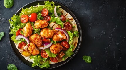 Fried chicken salad in a flatbread. This image can be used for articles or websites related to food, healthy eating, or fast food.