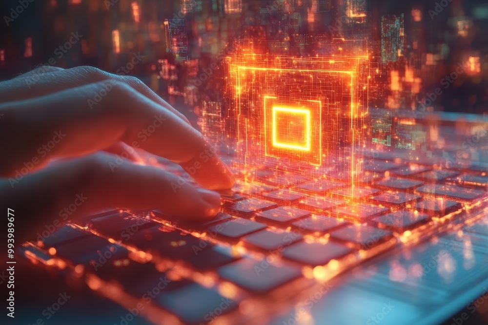 Poster a close-up of a persons fingers interacting with a touchscreen with a secure key icon appearing symb