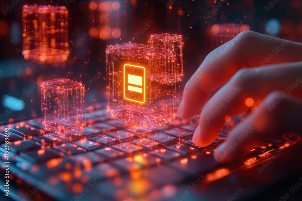 Aufkleber data protection software. futuristic hacker hand typing on illuminated keyboard with digital cubes a
