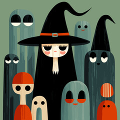 Cartoon-style witch in black hat surrounded by cute ghosts with large eyes