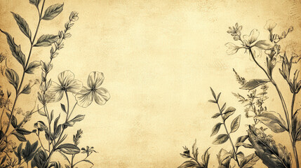 Antique style botanical engravings of flowers create vintage aesthetic, showcasing intricate details and delicate lines on textured background. This artwork evokes sense of nostalgia and appreciation
