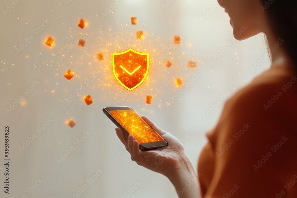 Poster data privacy shield. smartphone user holding mobile device displaying glowing shield icon symbolizin