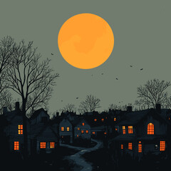 Townscape at night under a large full moon with glowing windows and dark trees