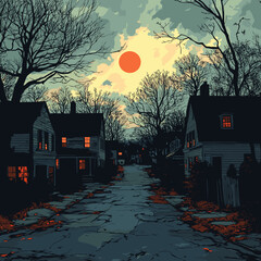 Deserted suburban street with glowing windows under a cloudy sky and large full moon
