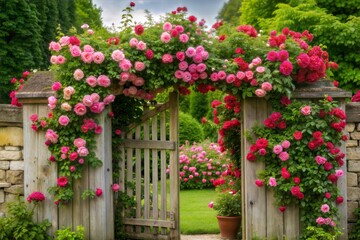 Fototapeta premium Wooden gate covered in blooming roses in lush garden